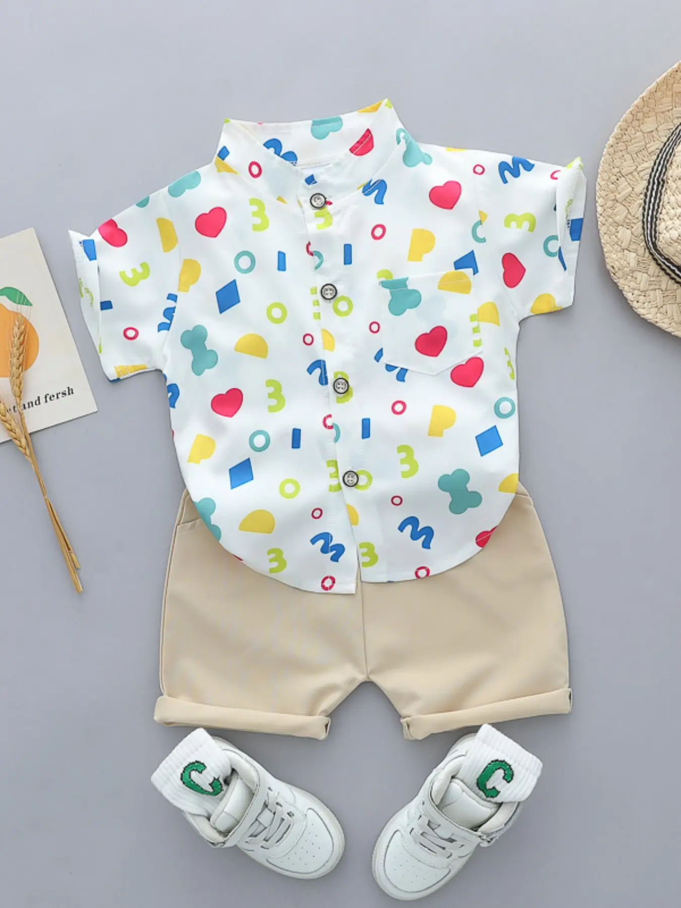 Boys Infant Summer Full Print Heart Number Cartoon Shirt Short Sleeve Shorts Set, Toddler Outfit, Baby Clothing, Casual Wear, Comfortable Fit, Perfect for Daily Use