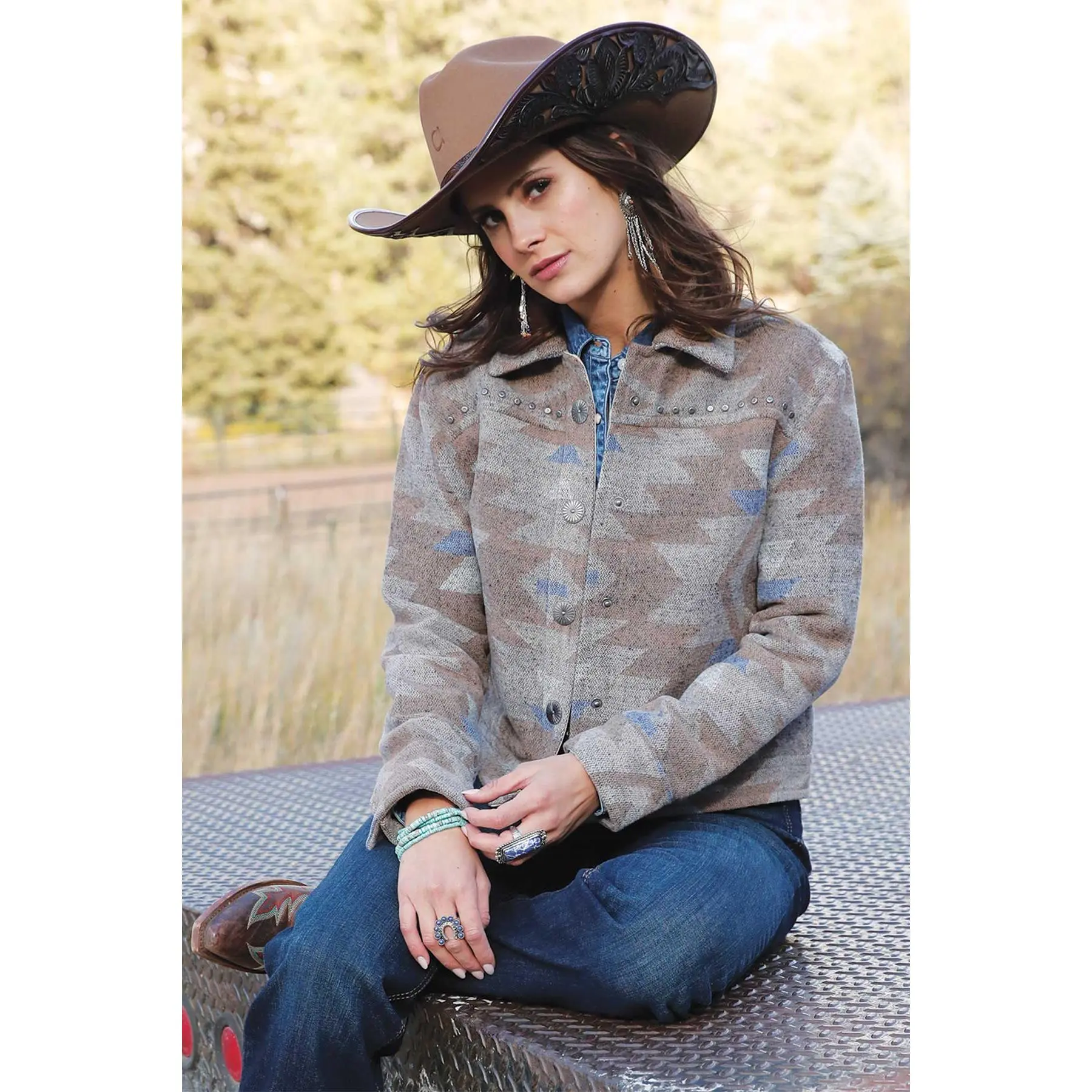 Women's Western Coats - Collared Printed Tweed Trucker Jacket with Pewter Studs, Concho Snaps & Welt Pockets, Southwest, Polyester Tweed, Western Look, Tops, Casual, Outerwear, Chilly Days, Collared Neck