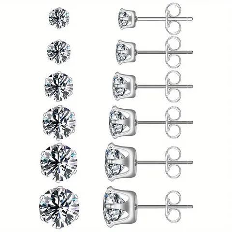 Women's Moissanite Studs Earrings - 6-Pair Stainless Steel Coated Multi-Earring Set, No Piercing Option, Fashion Jewelry