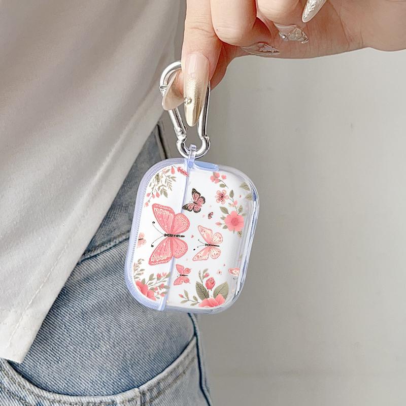 Butterfly Floral Dream Pattern TPU Soft Protective Case for Apple AirPods 4/3/2/1/Pro/Pro2 Transparent Earphone Cover with Keychain Attachment