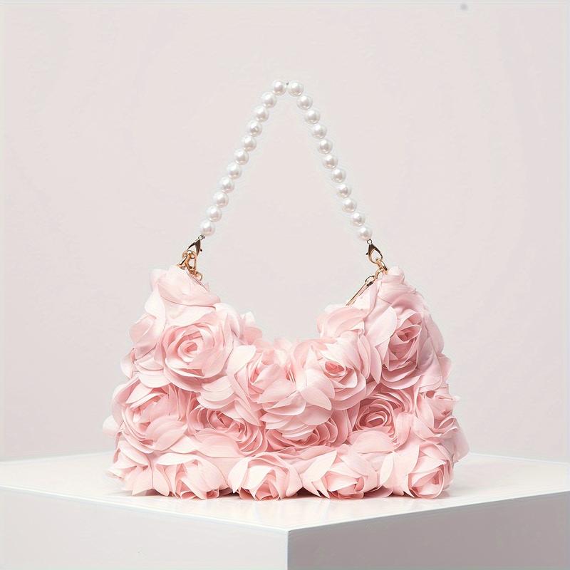 [Wedding Accessory] Elegant Rose-Embellished Crossbody Bag with Faux Pearl Accents - Sweet Pink Floral Evening Clutch, Ideal Valentine's Gift for Women, Polyester Lining, Zip Closure, Wedding Gifts