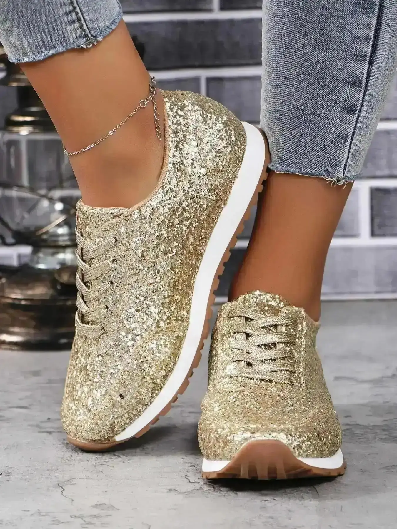 Style Shiny Sequins Lace Up Low Top Trainer Snkrs Daily Comfy Round Shoes Female Uni Spring Fall activewear running shoe trendy walking sporty easy Light Chic Basic Comfort Footwear active lightweight training stylish