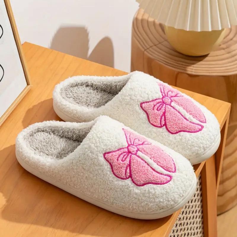 Women's Bowknot Slippers - Winter Warm Fuzzy Slip-On House Shoes with Cute Bow and Cartoon Pattern - Footwear, Walking Shoes