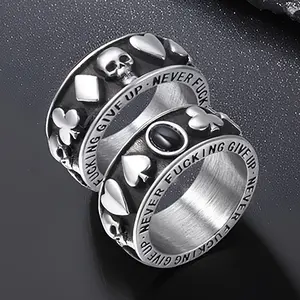 Vintage Gothic Skull Rings for Men Women, Stainless Steel Black Onyx Poker Ring Band Silver Skeleton Cocktail Party Biker Ring Size 8-9