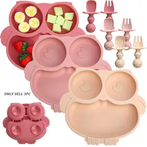Baby Silicone Feeding Set, Owl-Shaped Plate with Suction Base, Feeding Tray, Basketball-Shaped Fork and Spoon, Unisex Feeding Utensils for Toddlers