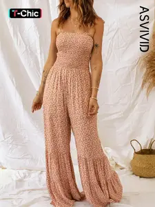 Women's Ditsy Floral Print Shirred Ruffle Hem Wide Leg Cami Jumpsuit, Elegant Fashion Jumpsuit, Boho Tie Shoulder Sleeveless for Beach Holiday Vacation, Ladies Summer Clothes