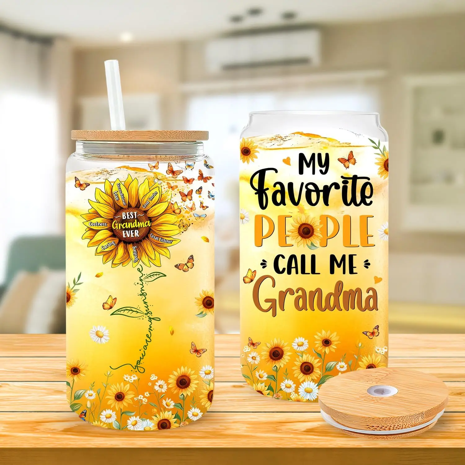 Grandma Gifts from Grandkids, Grandchildren - Christmas Gifts, Birthday Gift Ideas for Grandma - Best Grandma Ever Sunflower Cup - Grandma Gifts for Mothers Day - 16oz Glass Cup with Straw