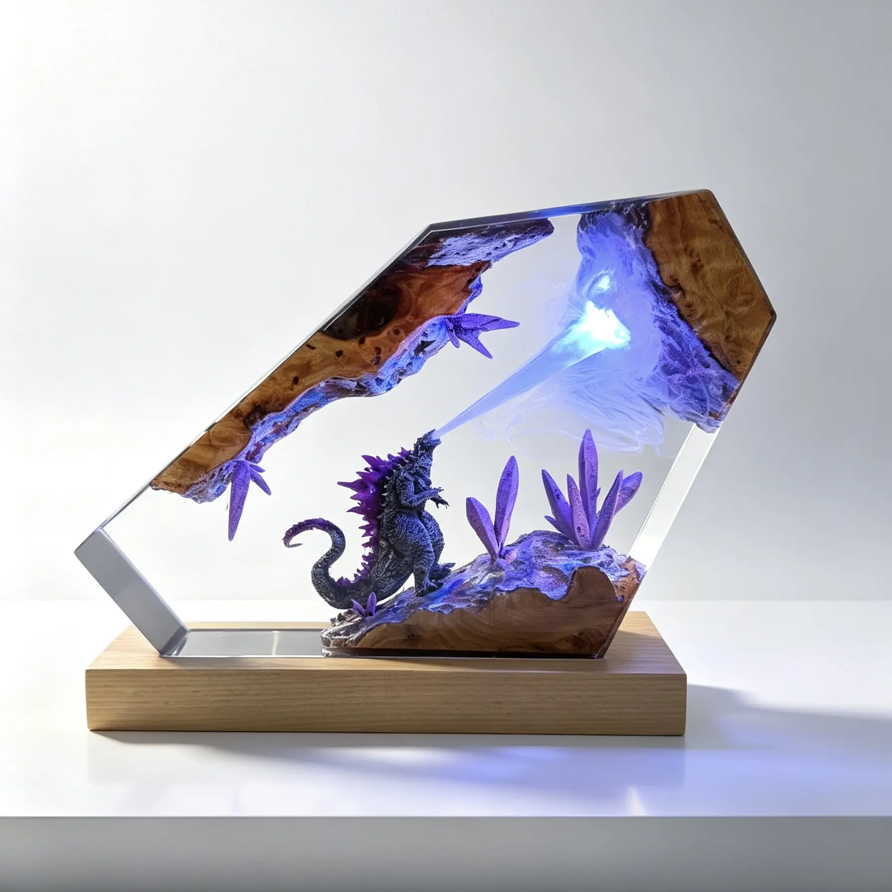 Handmade Godzilla Resin Lamp Monster Atomic Breath Decoration Night Light, USB Powered Solid Wood Base Cool Nightlight, Creativity Desktop Art Ornament, Perfect Surprise Gift for Monster Movie Lovers & Teen Bedroom Decor, Birthday Holiday Gifts