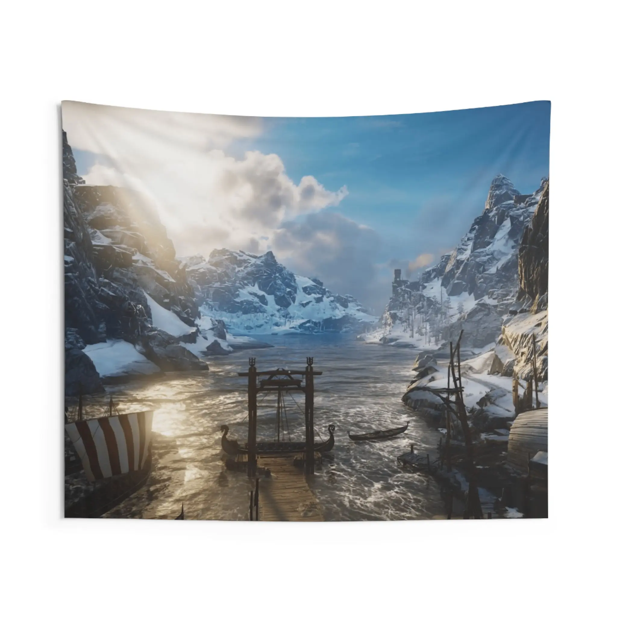Viking Fjord Tapestry — Nordic Mountain Harbor Wall Art