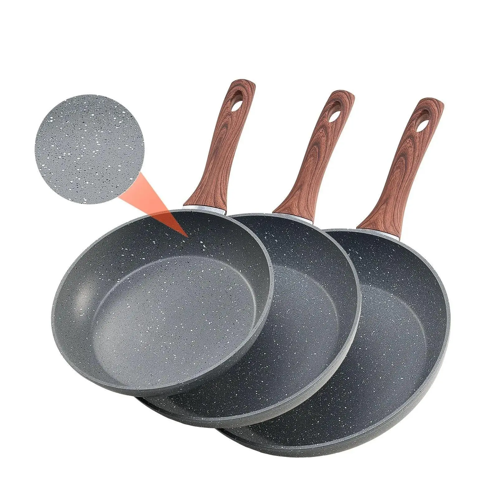 【Summerfinds】VEVOR Multi-Size Aluminium Pans & Woks 3-Piece Non Stick Pan Set (9.5,11,12 in), Anti-Adhesive Coated Heavy-Duty Skillets with Heat-Resistant Handle, Chef's Kitchen Cookware for Gas, Electric, Induction, Grey