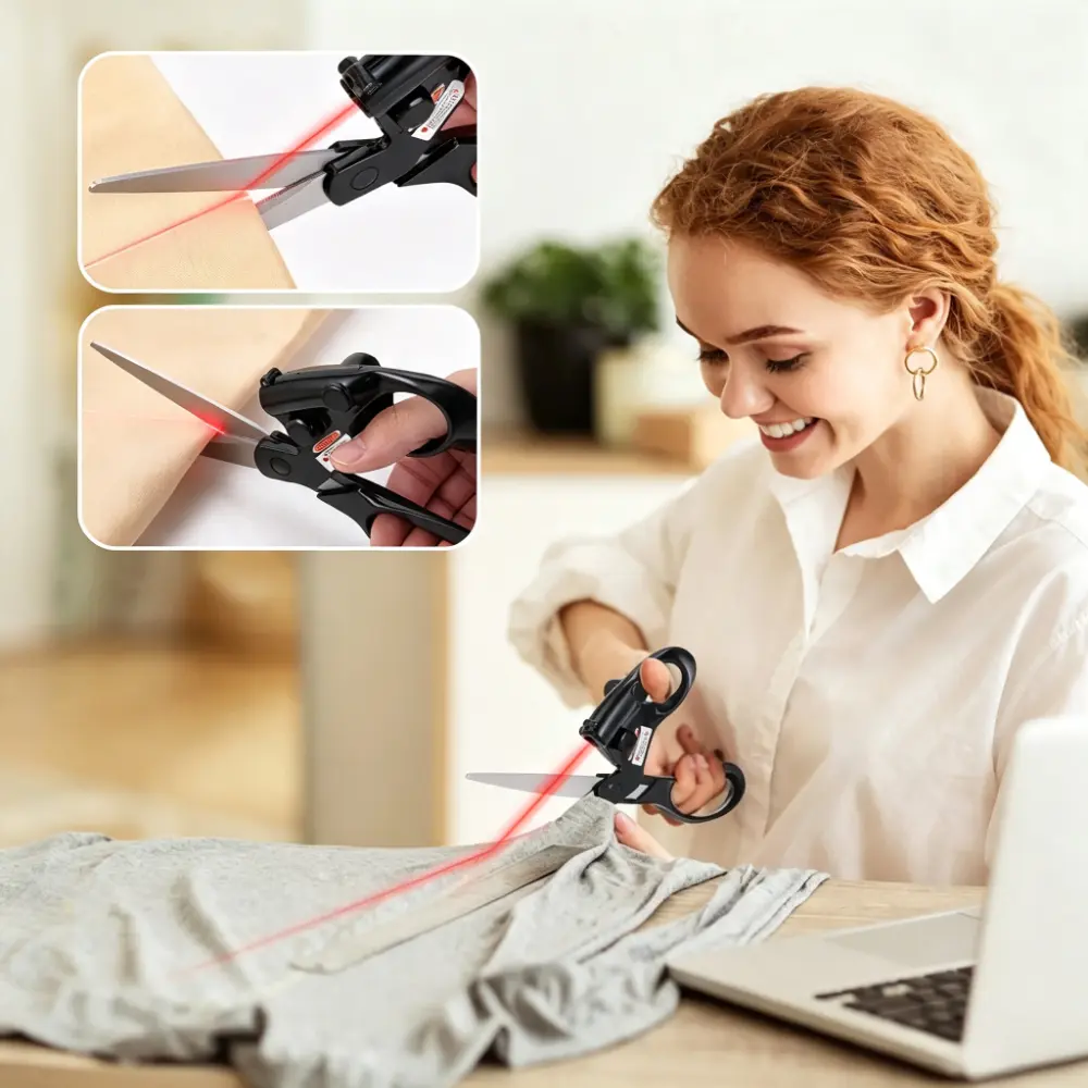 Laser Guided Sewing Scissors, Multifunctional Stainless Steel Sharp Scissors with Infrared Laser Positioning, Straight Cutting Tool for Tailor Fabric Paper Cardboard DIY Craft Household Use