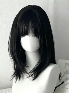 Y2K Wig for Women Black Medium Short Straight Hair Natural Simulation Daily Use Wig with Bangs Short Hair Bob Wig Straight Synthetic Wigs