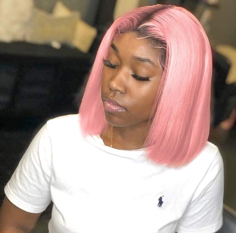 Rose Pink HD LACE FRONTAL BOB wigs. Human hair 180 density