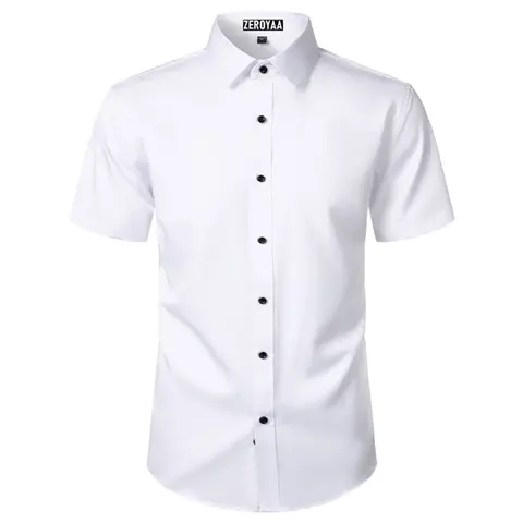 ZEROYAA Men's Short Sleeve Button Down Dress Shirt - Modern Slim Fit, Wrinkle-Free, Stretch Fabric Top - Casual, Formal, Party, Wedding Wear - Back to School, First Day of School Outfits
