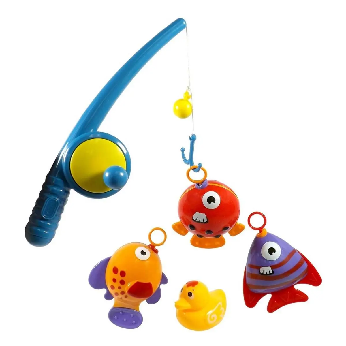 Azimport Cat Fishing Toy Playset - Hook & Spinning Reel Rod, 3 Colorful Fish, 1 Small Yellow Duck Interactive Design for 3-4 Years Toddlers' Bathroom Learning Activities