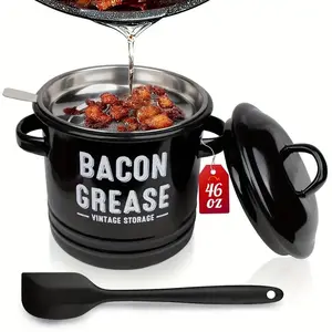 Bacon Grease Container with Strainer 46OZ Large Red Black Kitchen Oil Storage Can with Lid & Food-Grade Silicone Spatula Vintage Style Cooking Pot Keeper Collector Dishwasher Safe Filter Utensils Coffee Rde