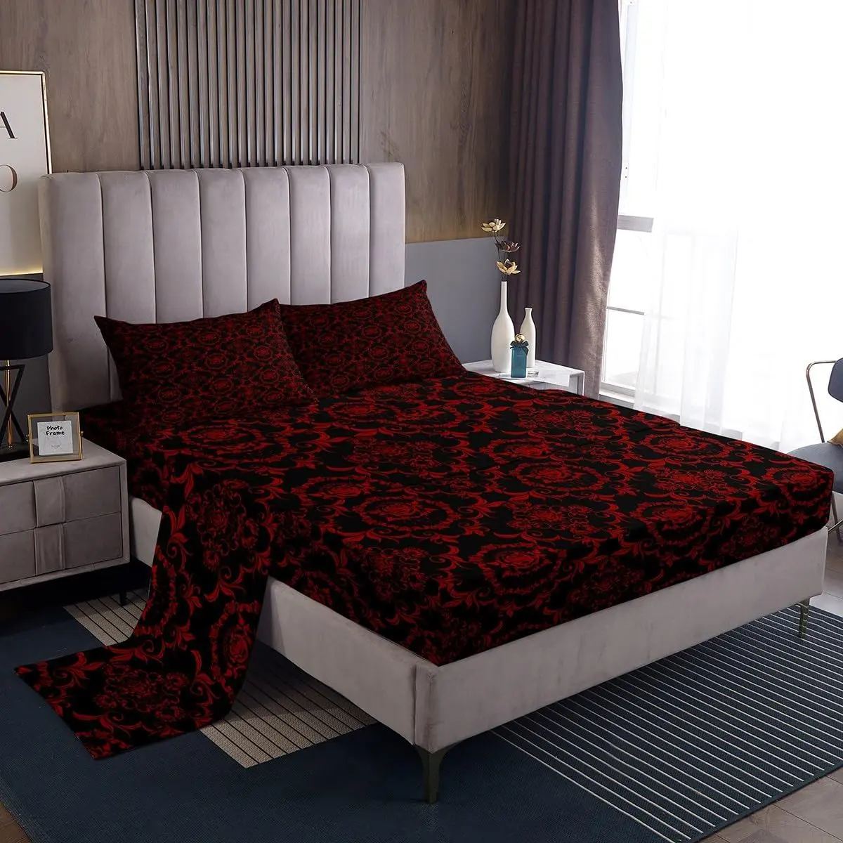Feelyou Gothic Bedding Set - Breathable Black-Red Luxury Boho Damask Rose Themed Set with Deep-Pocket Fitted Sheet for Adults
