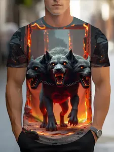 Men's 3D Full-Print Wild Wolf and Flame T-Shirt, Soft Polyester Transparent Fabric, Casual Streetwear Short Sleeve Round Neck Tee for Summer Outdoor Activities