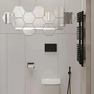 12Pcs Hexagon Acrylic Mirror Wall Stickers, 3D Self-Adhesive DIY Hexagonal Mirror Wall Decals, Modern Minimalist Nordic Style Shatterproof Wall Art Decor for Living Room Bedroom, Make Room Look Bigger, Easy Install