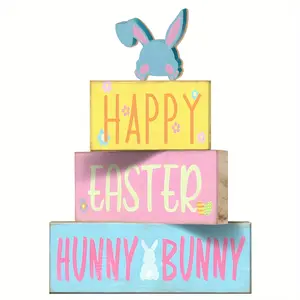 4 Pcs Easter Table Decor, Bunny Couple Happy Easter Tiered Tray Decorations, Set Spring Bunny Rustic, Farmhouse Wooden Stack Block Signs, Party Tabletop Centerpiece for Home Office Mantel Shelf