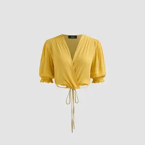 Cider [size 2-26] Chiffon V-neck Solid Wrap Knotted Middle Sleeve Blouse
