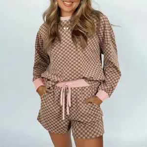 Women’s Checkerboard Long Sleeve Pullover and Drawstring Shorts Set, Two Piece Set 2025 Fall Outfits