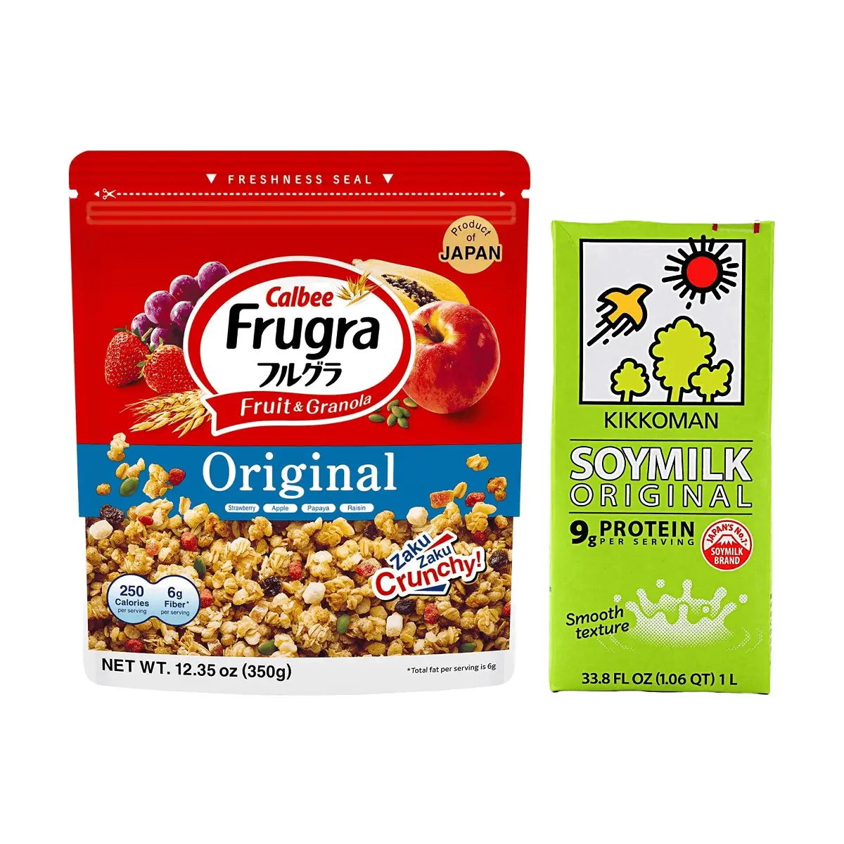 Calbee Frugra Fruit Granola Cereal 350g + Kikkoman Original Soy Milk 1L - Healthy Breakfast Bundle