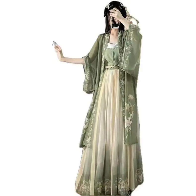 Women's 3-Piece Hanfu Clothes Set, Cute Song Dynasty Traditional Costume with Gradient Printed Cardigan for Birthday Party, Polyester, Wrap Skirt, Square Neck, Holiday, Ankle Length, Hanfu Set