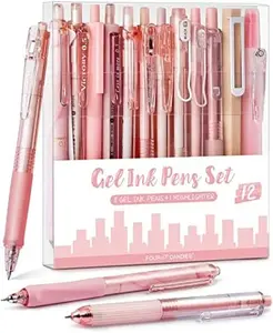 12Pack Pastel Gel Ink Pen Set, Cute Note Taking 0.5mm Fine Point Retractable 11 Pack Black Ink Pens with 1Pack Highlighter for Writing, School, Office (Pink) ticonderoga  pencil