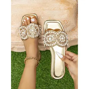 Gold Women's Rhinestone Slippers Suitable for Outdoor Wear - Fashionable New Flat Beach Sandals, Soft and Comfortable Sole, Large Size Women's Summer Slippers