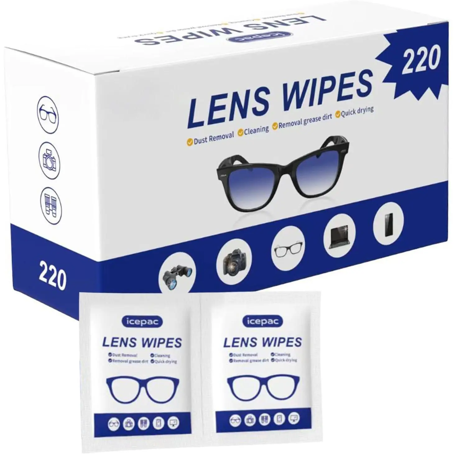Eyeglass Cleaner Wipes, Sunglasses, Screens - Gentle and Portable for On-the-Go Cleaning of Devices, Lens Wipes for Eyeglasses, Wet Lens, Camera Lenses, Laptops, Etc. Individually Packaged(220 PCS)