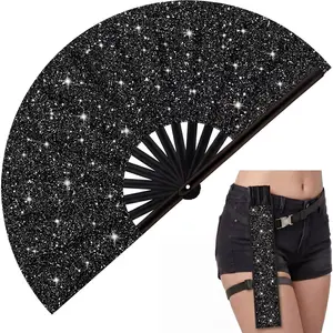 13" Glitter Large Rave Folding Clack Hand Fan with Holster Handheld Clack Fan for Edm Festival Club Party Dance