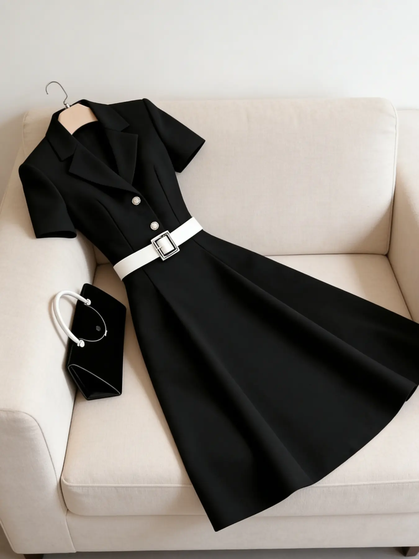 A fashionable, luxurious, high-end, Chic black suit collar dress, suitable for women's summer waist cinching and slimming short sleeved party dress, suitable for home, indoor, and outdoor wear, Womenswear