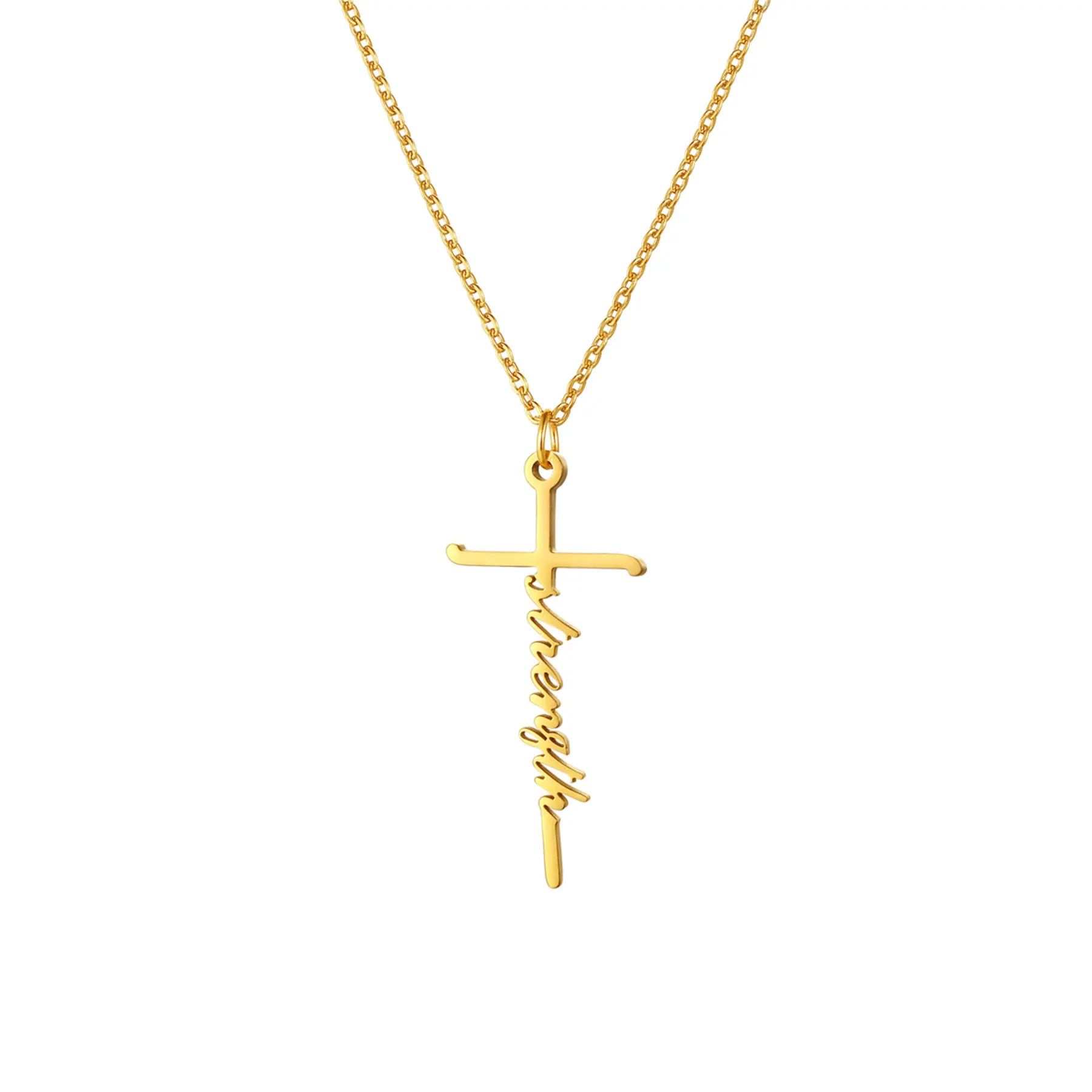 OIDEA Women's Empowering Gold-Toned Cross Pendant Necklace - "Strength"-Engraved Spiritual Jewelry, Casual Faith-Based Fashion Cross Emblem Piece for New Beginnings, Statement Necklace, Long Length Necklaces