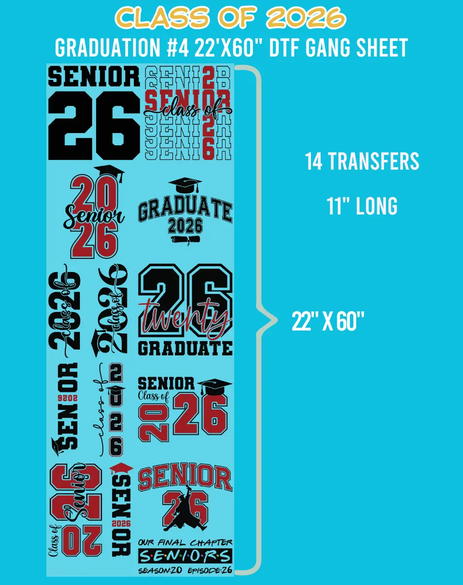 Durable Class of 2026 Graduation DTF Gang Sheet #4 - 22"x60", DIY Decoration Supply for Specialty DIY Projects
