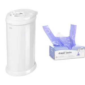 Ubbi Diaper Pail Bundle - Steel Odor Locking Money Saving Award Winning Design with Lavender Scented Diaper Sacks & 200 Count Sacks Included