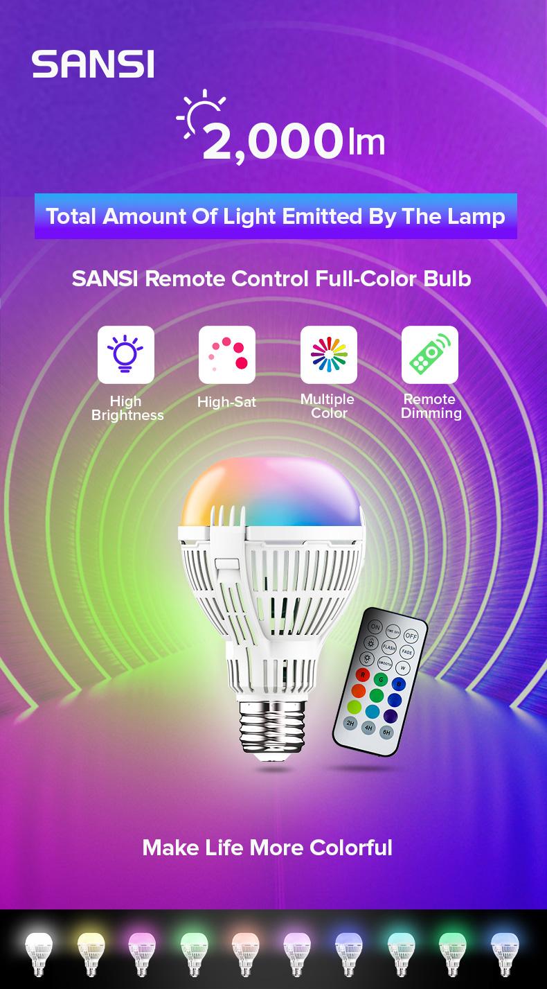 SANSI Ultra Bright 18W RGBW LED Color Changing Light Bulb with Remote Control 2000LM 120W Equivalent 10 Color Choices Timing Dimmable A21 E26 Decorative 3 Lighting Modes SANSI Ultra Bright 18W RGBW LED Color Changing Light Bulb with Remote Control 2000LM 120W Equivalent 10 Color Choices Timing Dimmable A21 E26 Decorative 3 Lighting Modes