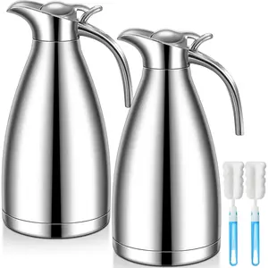 2 Pcs 68 oz Insulated Stainless Steel Thermal Coffee Carafe Vacuum Thermal Pot Creamer Dispenser with Brushes Keeping Hot Liquids Hot Tea Milk Water Silver