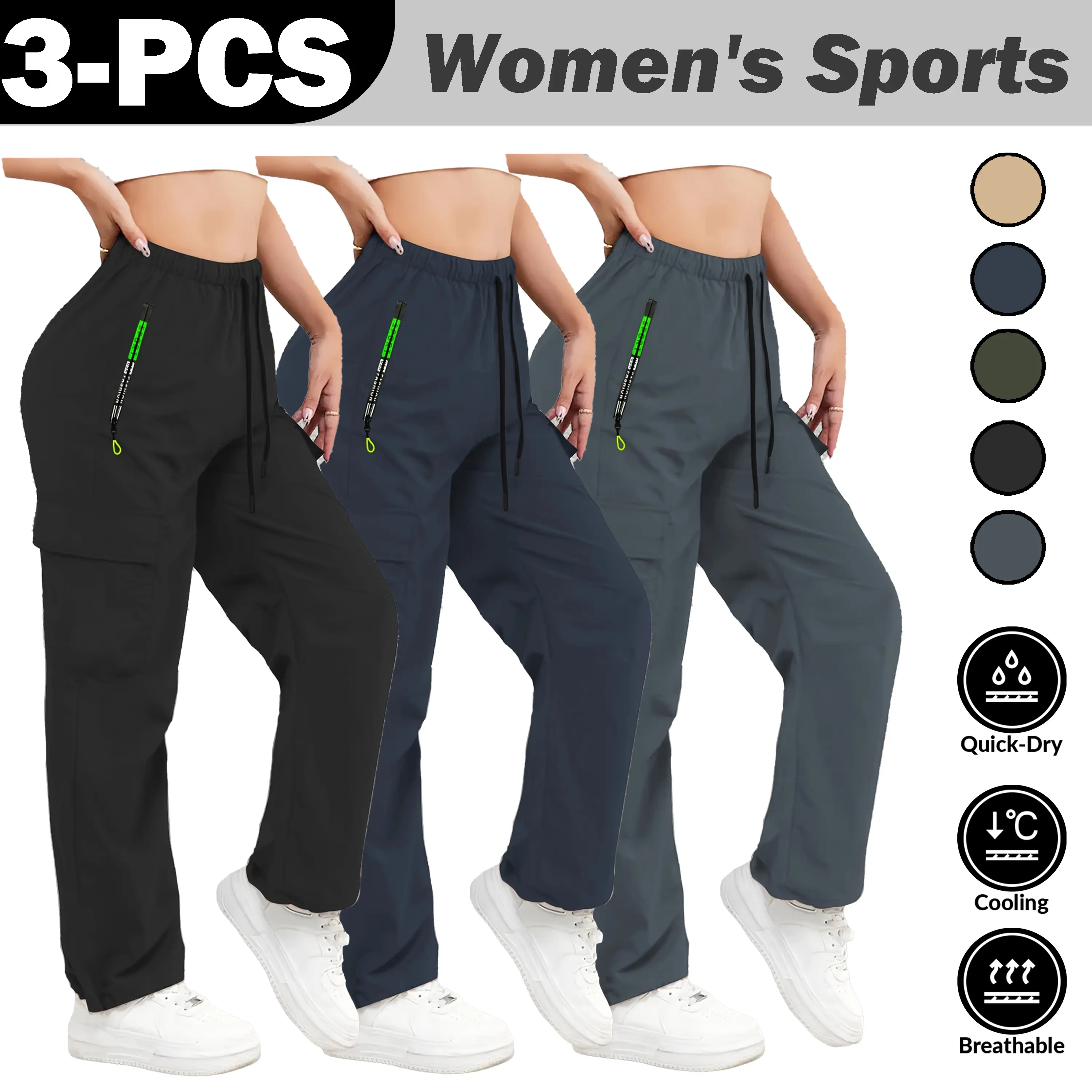 3-Pack Women's Multi-Pocket Summer Thin Sweatpants - Adjustable Drawstring Waist Non-elastic Machine Washed Fabric Fitness Pants, Light and skin-friendly fabric, smooth to the touch Suitable for indoor sports and summer outdoor sports