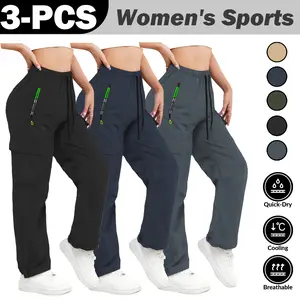 3-Pack Women's Multi-Pocket Summer Thin Sweatpants - Adjustable Drawstring Waist Non-elastic Machine Washed Fabric Fitness Pants, Light and skin-friendly fabric, smooth to the touch Suitable for indoor sports and summer outdoor sports