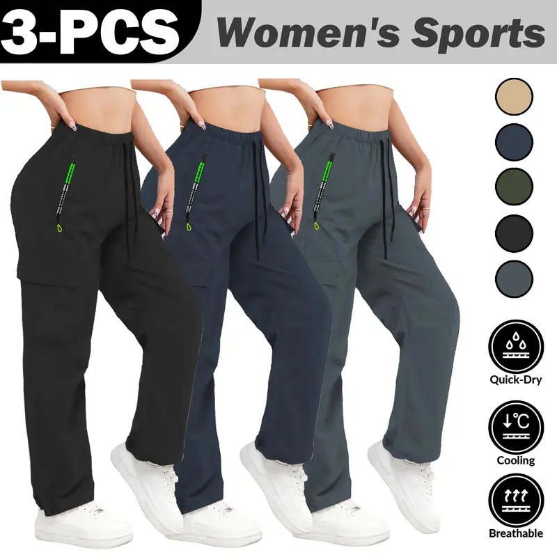 Women's 3-Pack Basic Casual Polyester Athleisure Pants - Light Summer Sporty Chic, Adjustable Drawstring Waist, Non-Elastic, Machine Washable, Light and Skin-Friendly Smooth Fabric, Multi-Deep Pockets, Colorblock, Normal Type, for Indoor/Outdoor Fitness