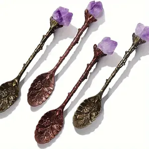 1/2/4/7pcs Natural Amethyst Flower Coffee Spoons Decorative Tea Spoons, Purple Crystal Spoons,Vintage Carved Spoons Dessert Spoon Ice Cream Spoons Hand Polished Raw Stone Crystal,Lucky home