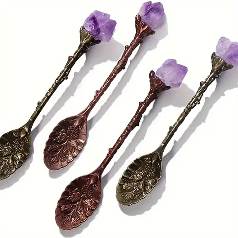 4pcs Mixed Color Natural Amethyst Flower Head Metal Cutlery Set - Vintage Carved Hand-Polished Raw Stone Crystal Teaspoons (10-12cm), Bohemian Kitchenware Tableware for Coffee/Dessert/Ice Cream, Corrosion-Resist Home Decor Accessory