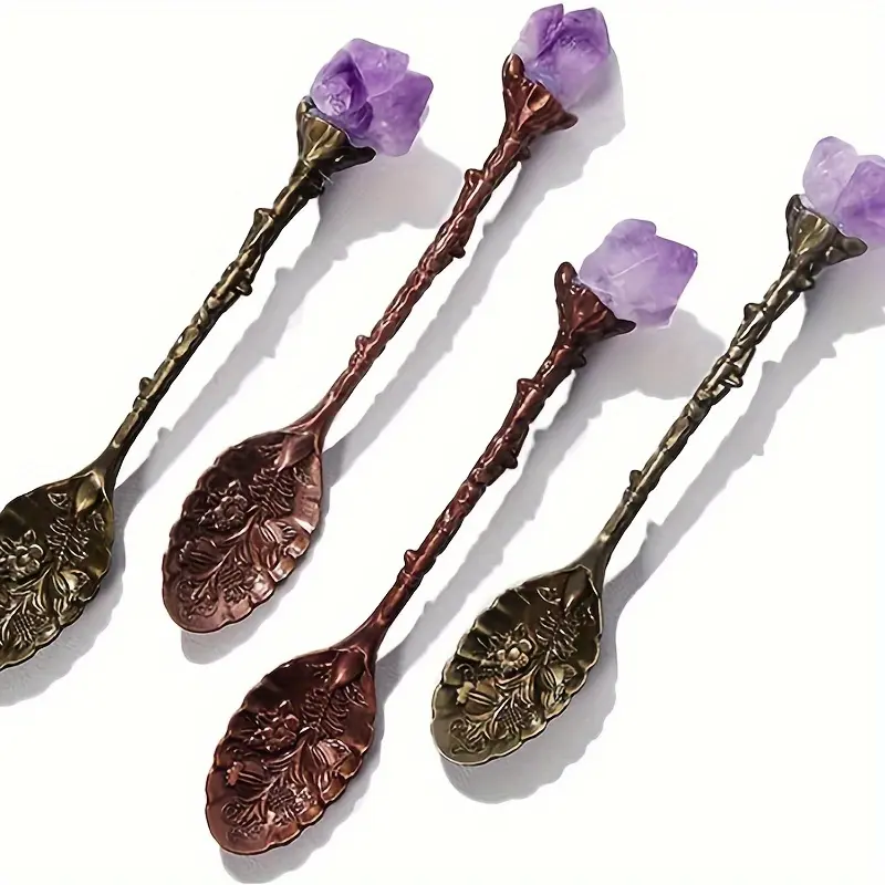 1/2/4/7pcs Natural Amethyst Flower Coffee Spoons Decorative Tea Spoons, Purple Crystal Spoons,Vintage Carved Spoons Dessert Spoon Ice Cream Spoons Hand Polished Raw Stone Crystal,Lucky home Kit Tea Scoop Kitchenware，Bohemian，SummerWins，DealsForYouDays