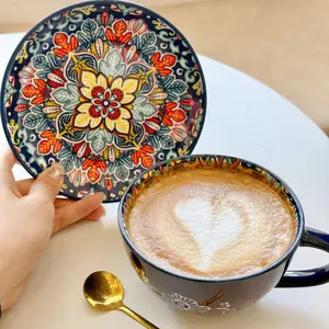 Ceramic Coffee Cup & Saucer & Spoon Set, 1 Set Boho Style Coffee Cup Set, Drinking Supplies for Home Office Use, Vanity Decor Accessories, Drinkware, Iced Coffee Drinkware, Coffee Cups Gift