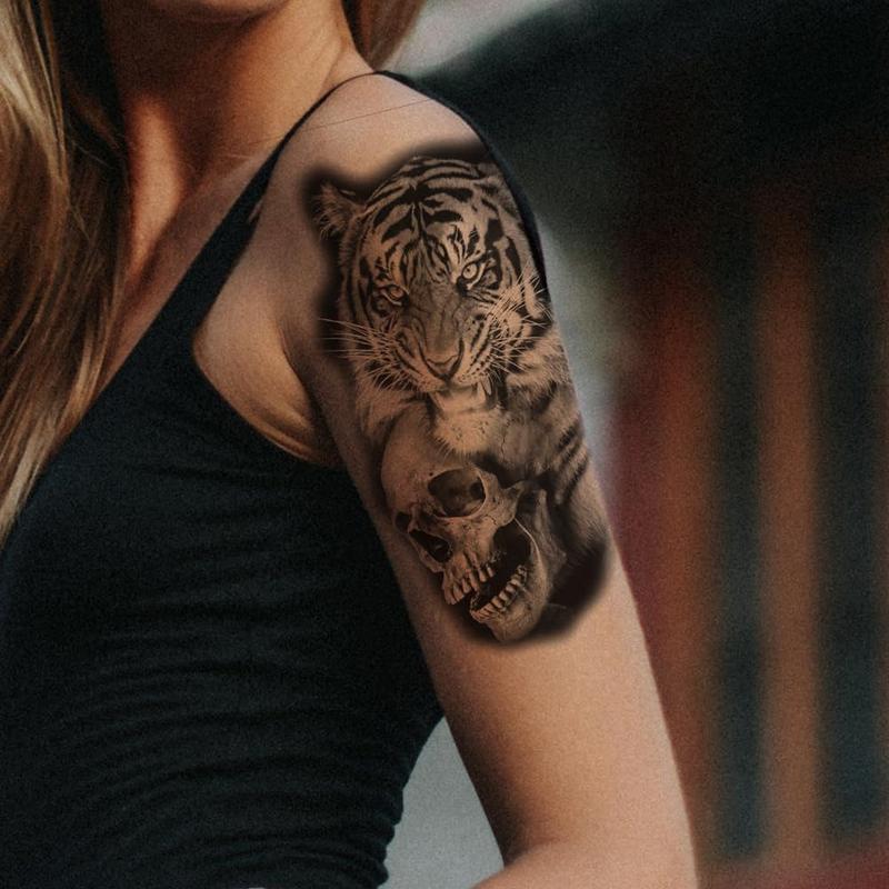 72 Sheets 3D Black Tribal Realistic Lion Temporary Tattoos for Men Women Adults, Bulk Tiger Wolf Warrior Gladiator Temp Skull Skeleton Halloween Fake Half Arm Sleeve Tattoos Stickers Legs Kit Costume Party Home Decor American Pride Day  scene accessories