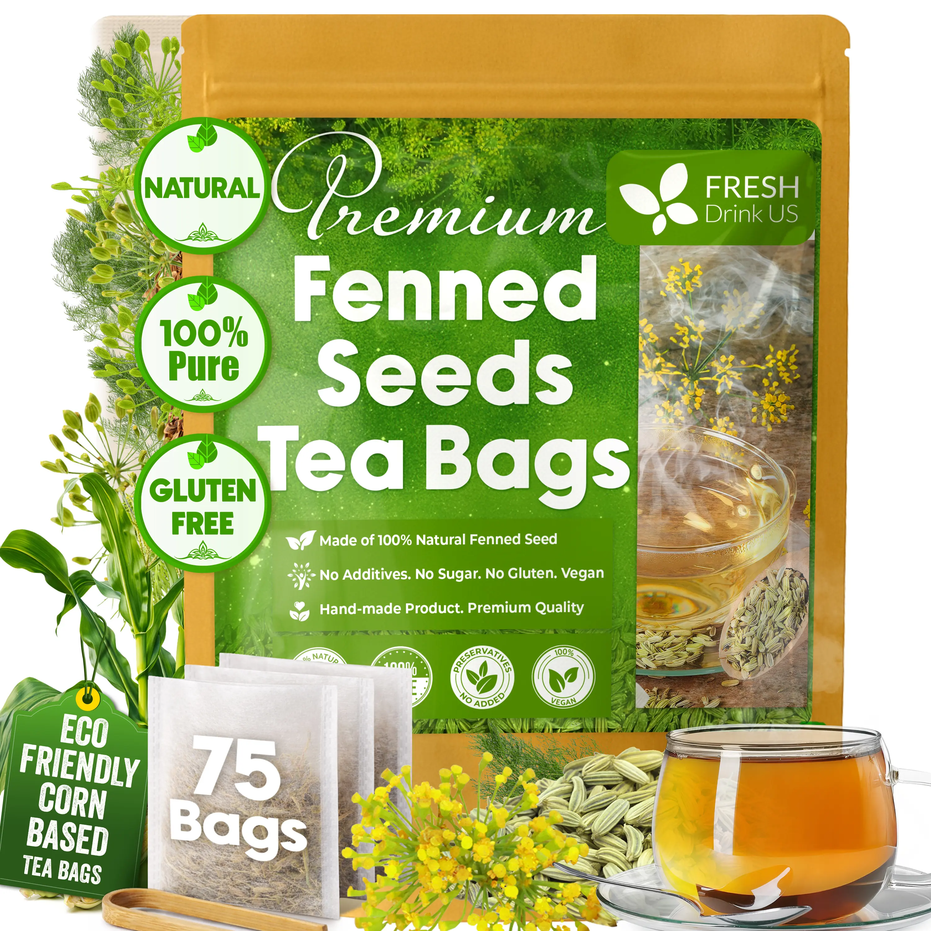 【FreshDrinkUS】 Premium Fennel Tea, 75 count, 100% Natural & Pure from Fennel Seeds.  No Caffeine, No Gluten, Vegan, Biodegradable Tea Bags, Sustainable Farming, Hand-Made Process, Ultimate Freshness, Beverage Herbal
