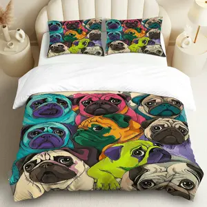 3PCS Duvet Cover Set, 1 Duvet+2 Pillowcases(Without filler), Colorful Pug Dog Art Animal Graphic  theme, Halloween bedding set, playful vibrant cozy Suitable for decoration bedroom, living room, guest room, dormitory.