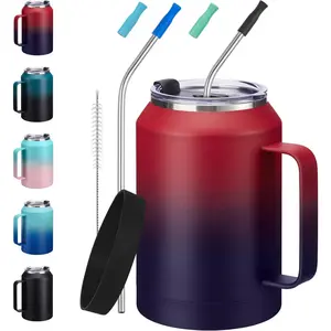 Steel Coffee Cup 32 oz Mug Tumbler  with Handle, Straws  Protective Boot, Keep Cold 36hrs  Hot 24hrs, Insulated Tumbler Water Cup, Leakproof Big Travel Mugs Thermal Flask Water Bottle