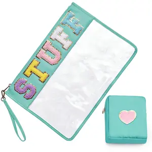 BAGMIND Large Chenille Letter Bag, 2 PCS Preppy Stuff Clear Bag, PU Waterproof Snack Makeup Sunscreen Bag Travel Cosmetic Pouch, Gift for Women Girls